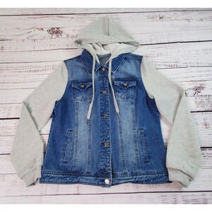 Alegra K Denim Jacket Womens S/M Sweatshirt Hood & Sleeves Washed Blue Jean